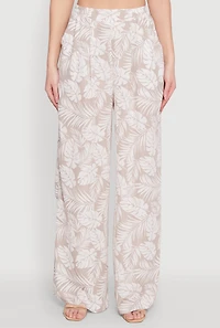 Womens Airy Leaf Print Palazzo Pants, Khaki, Size S