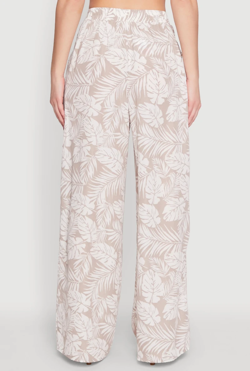Womens Airy Leaf Print Palazzo Pants, Khaki, Size S