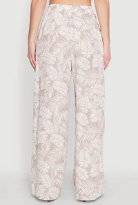 Womens Airy Leaf Print Palazzo Pants, Khaki, Size S