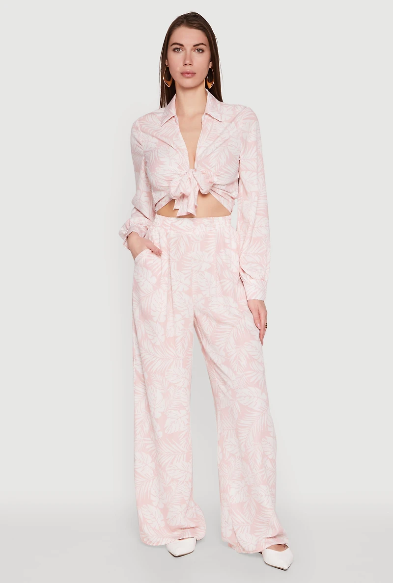Womens Airy Leaf Print Palazzo Pants, Pink,