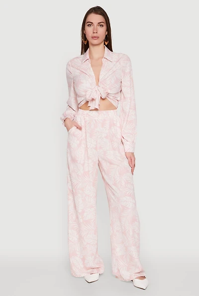Womens Airy Leaf Print Palazzo Pants, Pink,