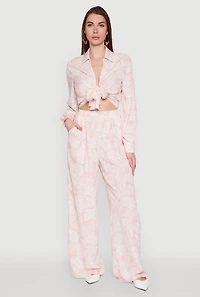Womens Airy Leaf Print Palazzo Pants, Pink,