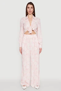 Womens Airy Leaf Print Palazzo Pants, Pink,