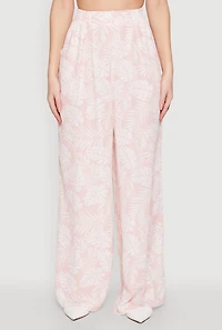 Womens Airy Leaf Print Palazzo Pants, Pink,