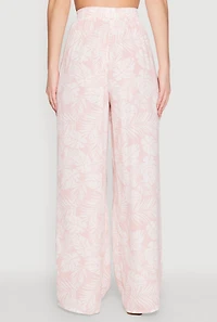 Womens Airy Leaf Print Palazzo Pants, Pink,