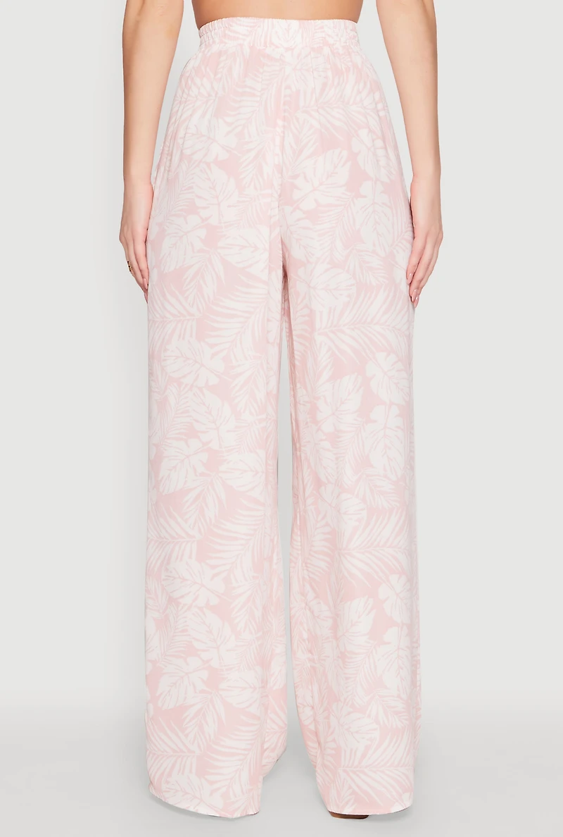 Womens Airy Leaf Print Palazzo Pants, Pink, Size L