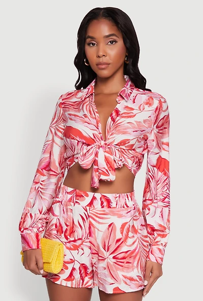 Womens Crepe Knit Tropical Floral Tie Front Crop Top, Red, Size S