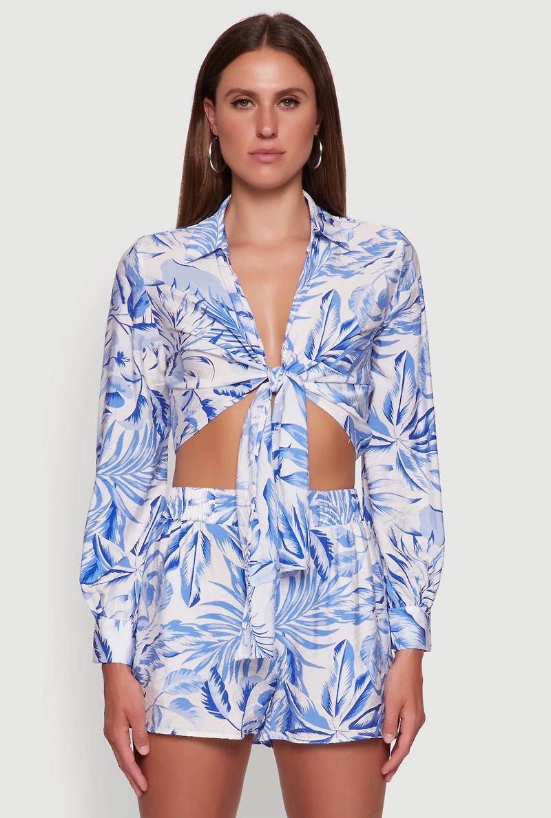 Crepe Knit Tropical Floral Tie Front Crop Top