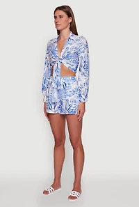 Womens Crepe Knit Tropical Floral Tie Front Crop Top,
