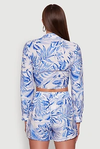 Womens Crepe Knit Tropical Floral Tie Front Crop Top, Blue, Size L