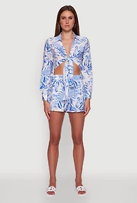 Womens Tropical Floral Print High Waisted Shorts with Elastic Waist, Blue, Size S