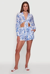 Tropical Floral Print High Waisted Shorts with Elastic Waist