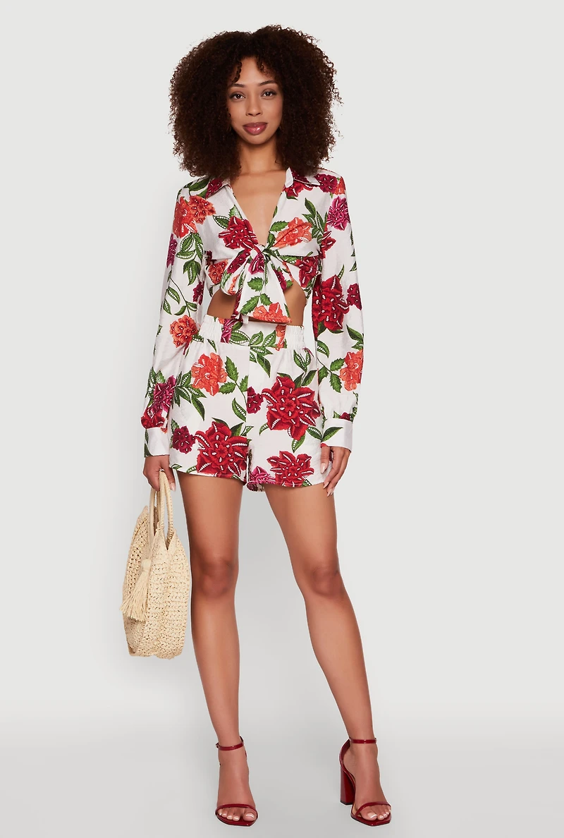 Womens Chic Floral Long Sleeve Tie Front Crop Top, Multi, Size L