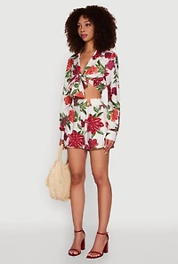 Chic Floral Long Sleeve Tie Front Crop Top