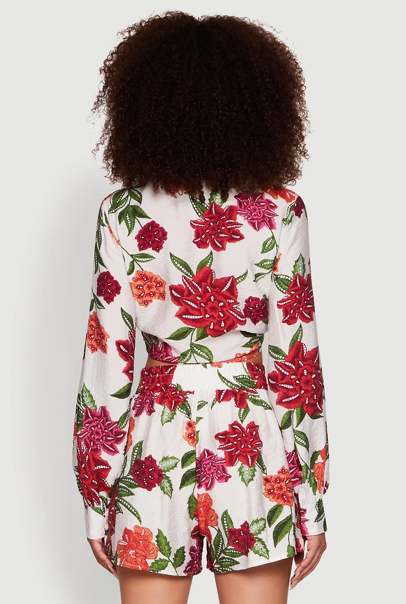 Womens Chic Floral Long Sleeve Tie Front Crop Top, Multi, Size L