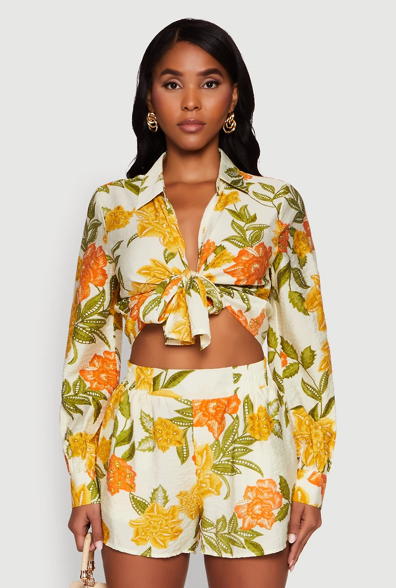 Womens Chic Floral Long Sleeve Tie Front Crop Top, Multi, Size M
