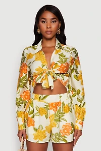 Chic Floral Long Sleeve Tie Front Crop Top