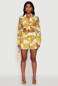 Womens Chic Floral Long Sleeve Tie Front Crop Top, Multi, Size M