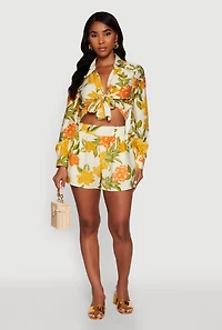 Womens Chic Floral Long Sleeve Tie Front Crop Top, Multi, Size M