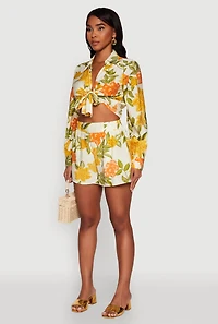 Womens Chic Floral Long Sleeve Tie Front Crop Top, Multi, Size M