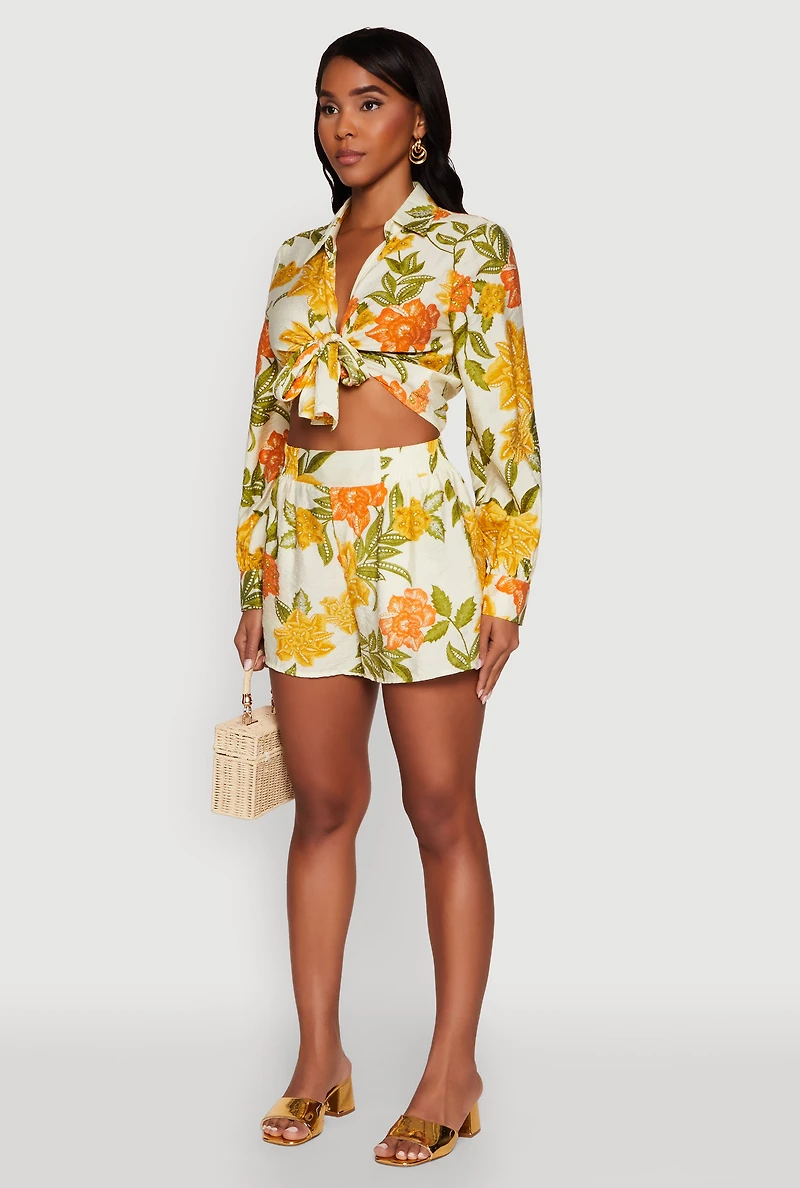 Womens Chic Floral Long Sleeve Tie Front Crop Top, Multi, Size S