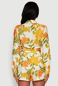 Womens Chic Floral Long Sleeve Tie Front Crop Top, Multi, Size M