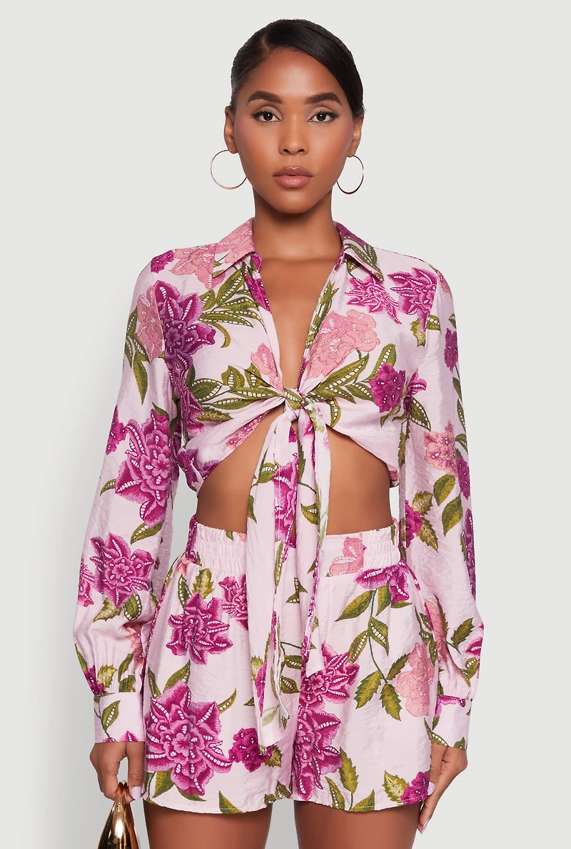 Chic Floral Long Sleeve Tie Front Crop Top