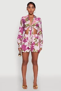 Womens Chic Floral Long Sleeve Tie Front Crop Top, Multi, Size M