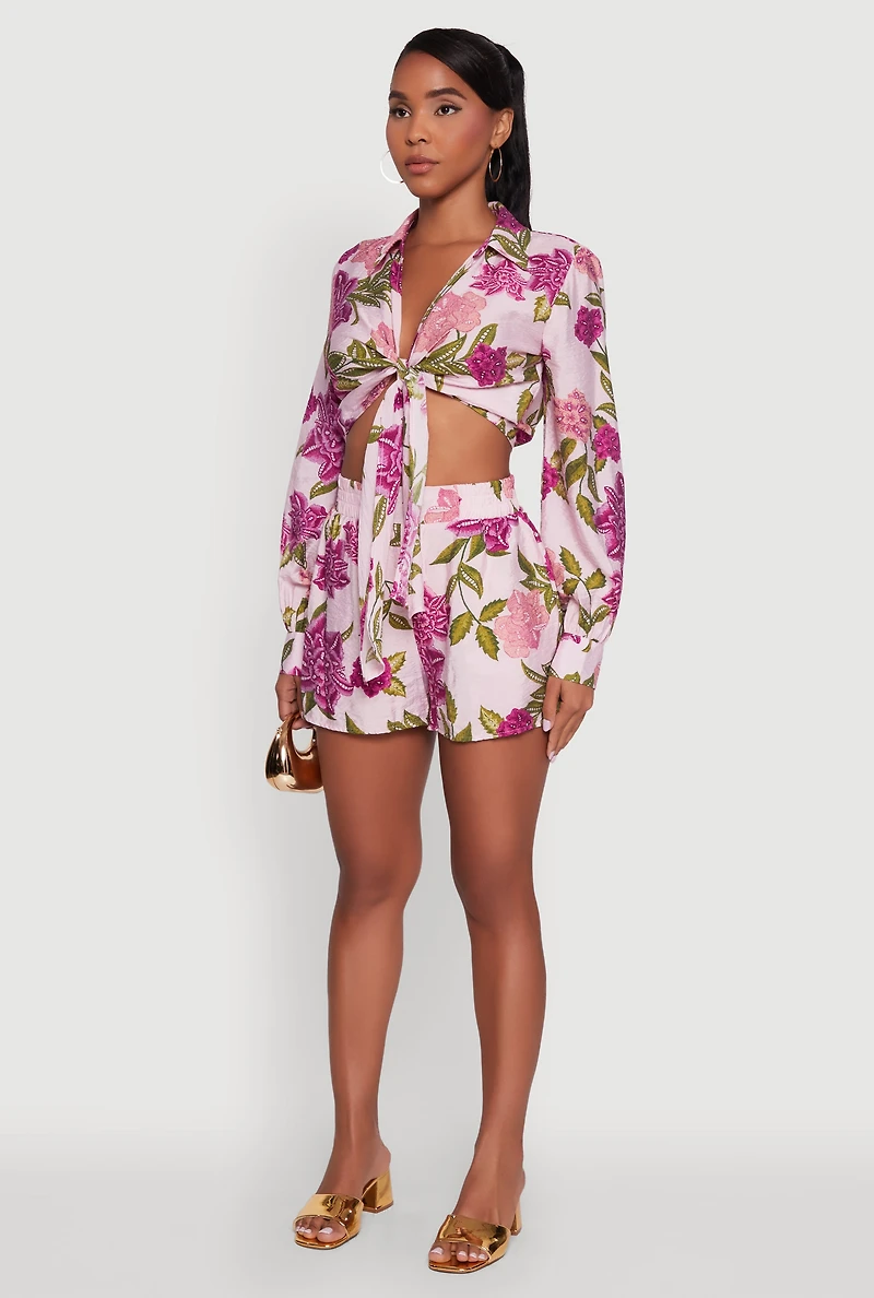 Womens Chic Floral Long Sleeve Tie Front Crop Top, Multi, Size M