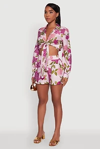 Womens Chic Floral Long Sleeve Tie Front Crop Top, Multi, Size M