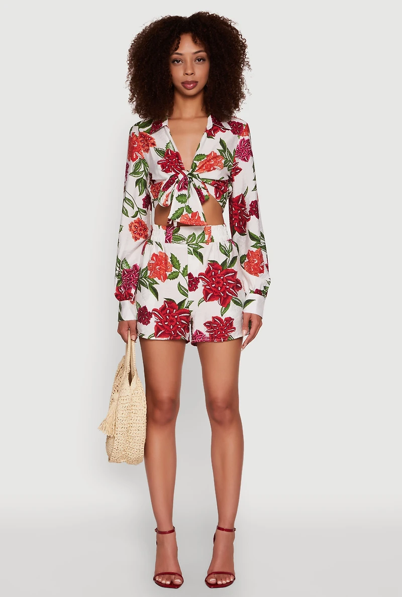 Womens Crepe Knit Floral High Waisted Shorts,