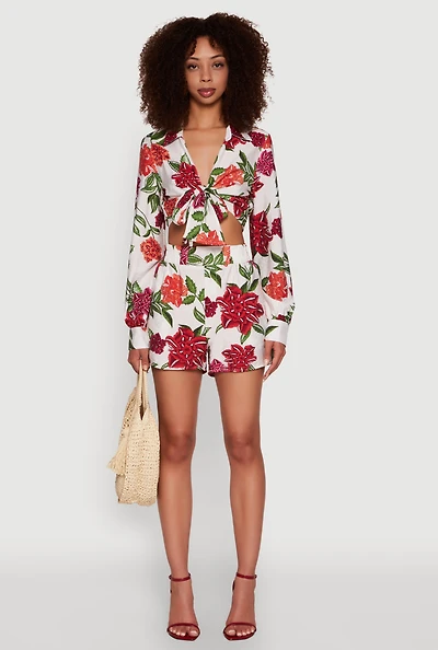 Womens Crepe Knit Floral High Waisted Shorts,