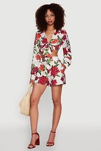 Womens Crepe Knit Floral High Waisted Shorts, Multi, Size L