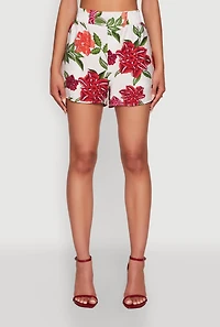 Womens Crepe Knit Floral High Waisted Shorts, Multi, Size L