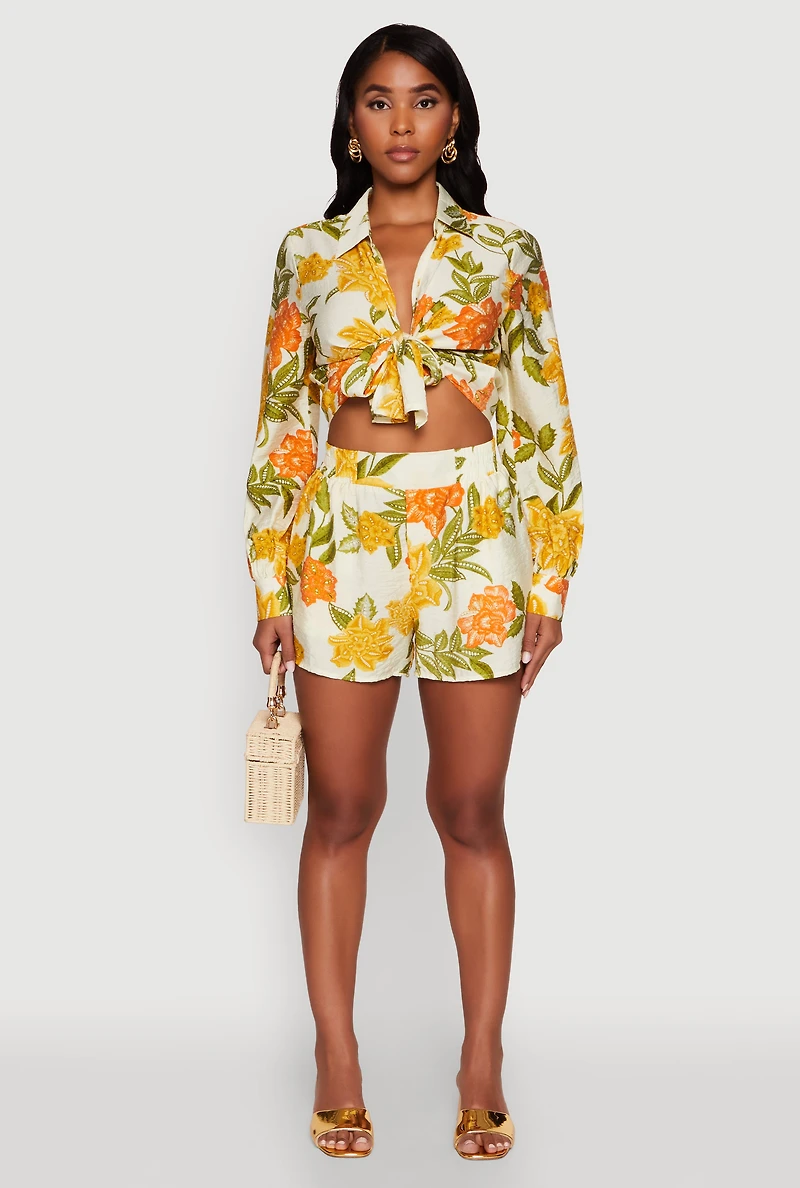 Crepe Knit Floral High Waisted Shorts