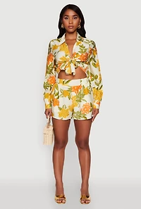 Crepe Knit Floral High Waisted Shorts