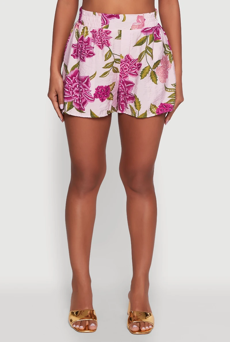 Womens Crepe Knit Floral High Waisted Shorts, Pink, Size M
