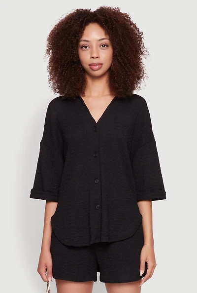 Womens Chic Textured Knit Shirt with Quarter Sleeves and Classic Fit, Black, Size L