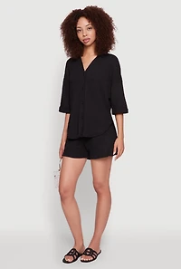 Womens Chic Textured Knit Shirt with Quarter Sleeves and Classic Fit, Black, Size S