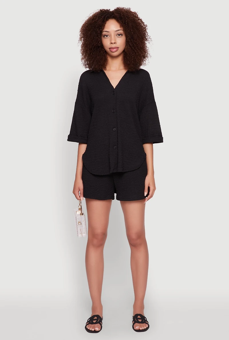 Womens Chic Textured Knit Shirt with Quarter Sleeves and Classic Fit, Black, Size S
