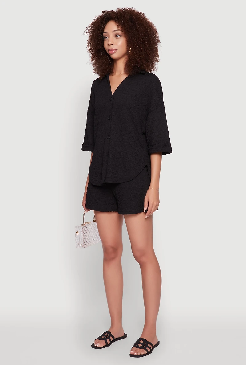 Womens Chic Textured Knit Shirt with Quarter Sleeves and Classic Fit, Black, Size S