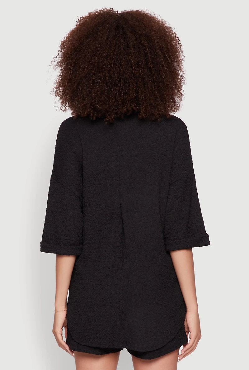 Womens Chic Textured Knit Shirt with Quarter Sleeves and Classic Fit, Black, Size S