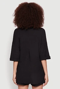 Womens Chic Textured Knit Shirt with Quarter Sleeves and Classic Fit, Black, Size S