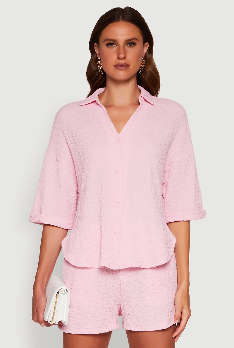 Womens Chic Textured Knit Shirt with Quarter Sleeves and Classic Fit,