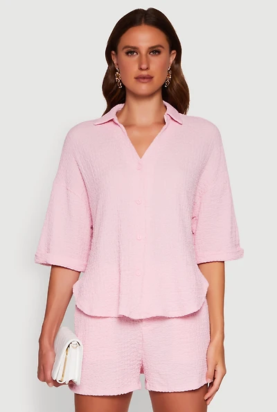 Womens Chic Textured Knit Shirt with Quarter Sleeves and Classic Fit,