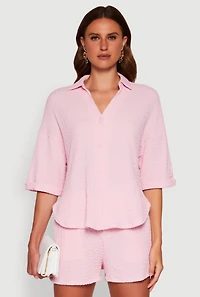 Womens Chic Textured Knit Shirt with Quarter Sleeves and Classic Fit,