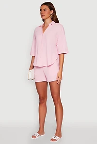 Womens Chic Textured Knit Shirt with Quarter Sleeves and Classic Fit,