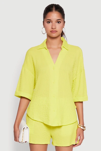 Womens Chic Textured Knit Shirt with Quarter Sleeves and Classic Fit, Yellow,
