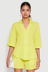 Womens Chic Textured Knit Shirt with Quarter Sleeves and Classic Fit, Yellow,