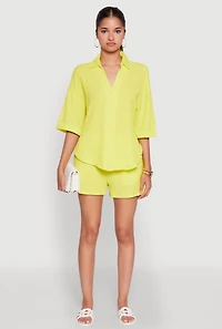 Womens Chic Textured Knit Shirt with Quarter Sleeves and Classic Fit, Yellow,